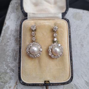 Antique Natural Pearl and Old Cut Diamond Cluster Drop Earrings
