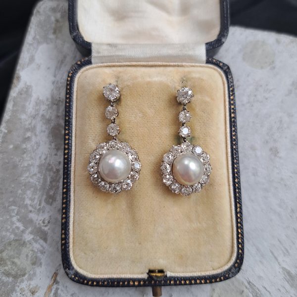 Antique Natural Pearl and 4ct Old Cut Diamond Cluster Drop Earrings