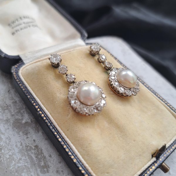 Antique Natural Pearl and 4ct Old Cut Diamond Cluster Drop Earrings