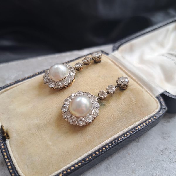 Antique Natural Pearl and 4ct Old Cut Diamond Cluster Drop Earrings