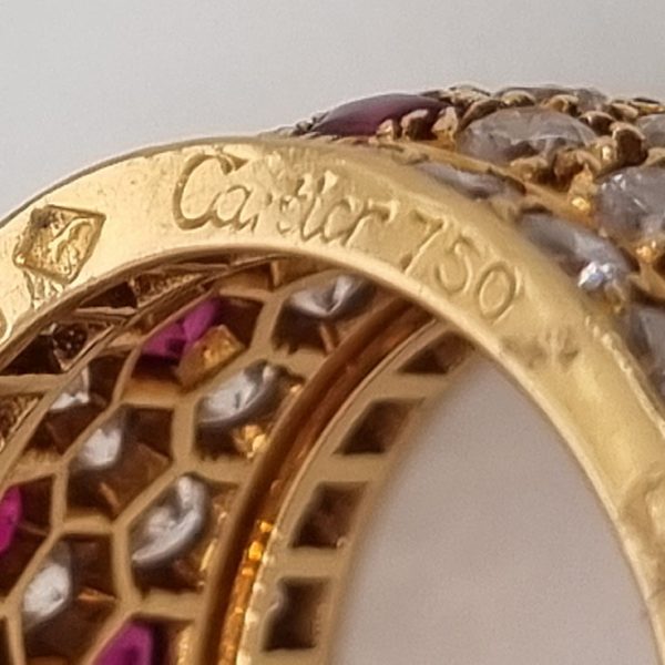 Vintage Cartier Diamond and Ruby Full Eternity Wide Band Ring in yellow gold, Signed and numbered