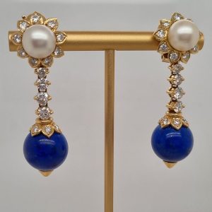 Vintage Georges Lenfant Pearl Lapis Lazuli and Diamond Drop Earrings