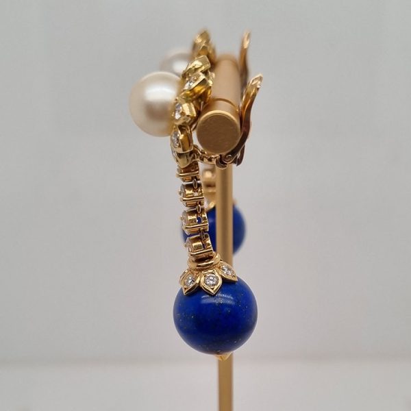 Vintage Georges Lenfant Lapis Lazuli Pearl and Diamond Drop Earrings in 18ct Yellow Gold