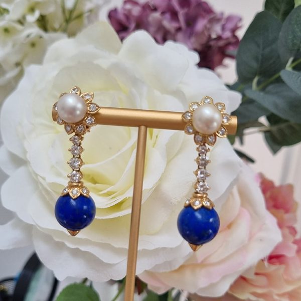 Vintage Georges Lenfant Lapis Lazuli Pearl and Diamond Drop Earrings in 18ct Yellow Gold