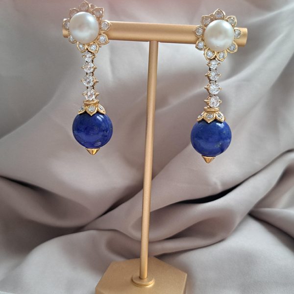 Vintage Georges Lenfant Pearl Lapis Lazuli and Diamond Drop Earrings