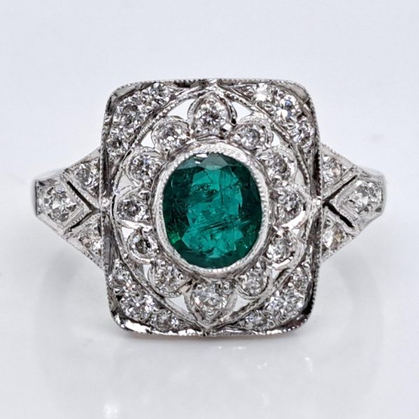 0.92ct Oval Emerald and Diamond Cluster Plaque Ring