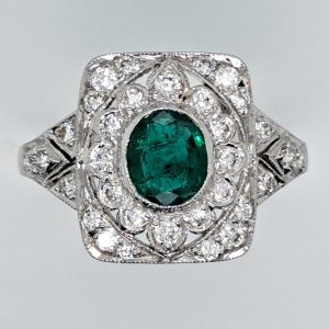 Oval Emerald and Diamond Cluster Plaque Ring