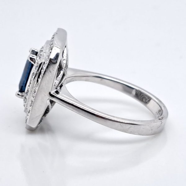 1.17ct Emerald Cut Sapphire and Diamond Double Cluster Engagement Ring in 18ct white gold