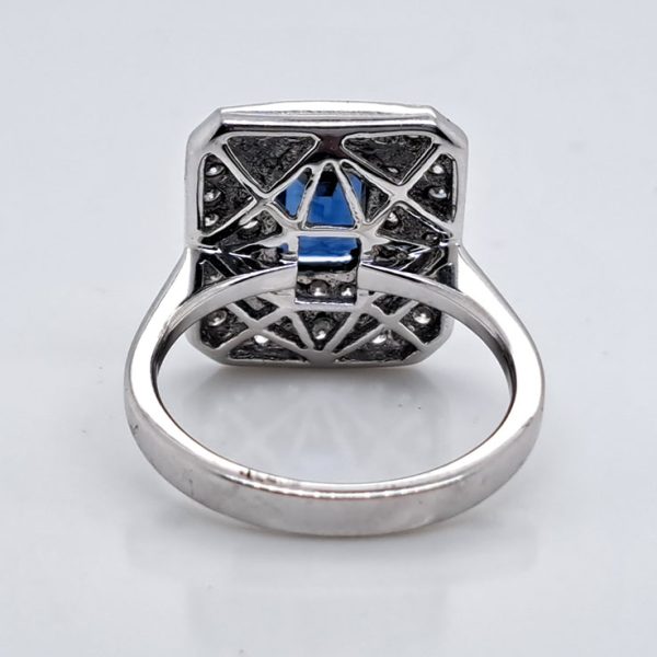 1.17ct Emerald Cut Sapphire and Diamond Double Cluster Engagement Ring in 18ct white gold