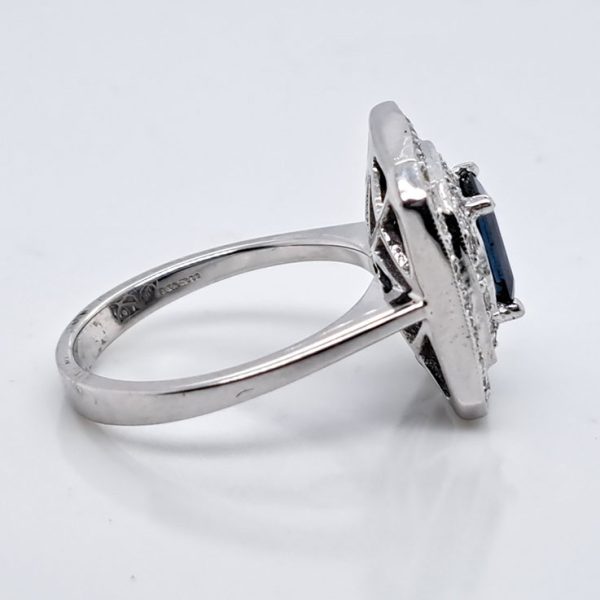 1.17ct Emerald Cut Sapphire and Diamond Double Cluster Engagement Ring in 18ct white gold