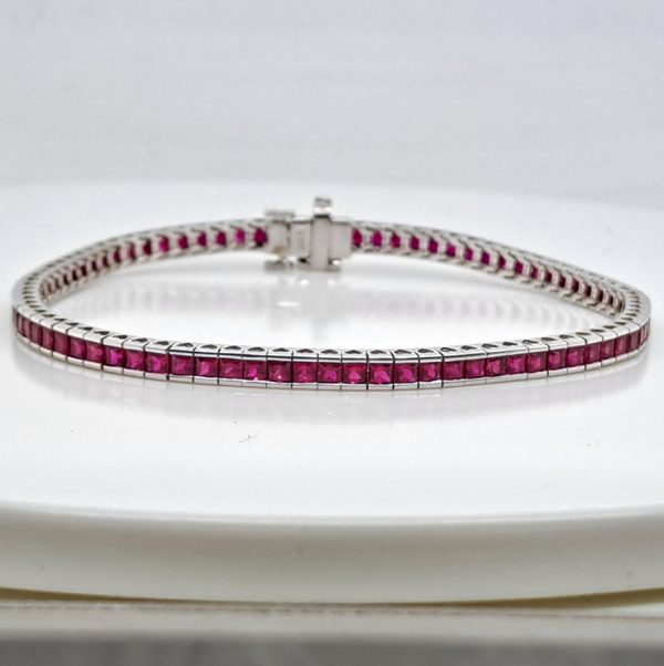 6.56ct Square Cut Ruby Line Tennis Bracelet in 18ct White Gold