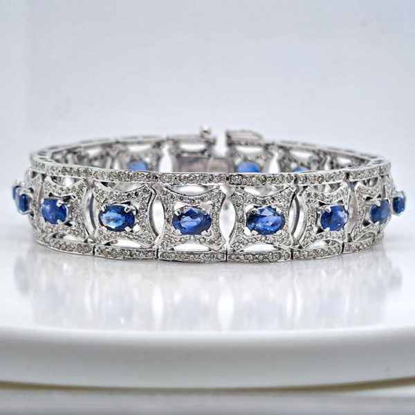 Art Deco Style 10ct Sapphire and 5ct Diamond Cluster Bracelet