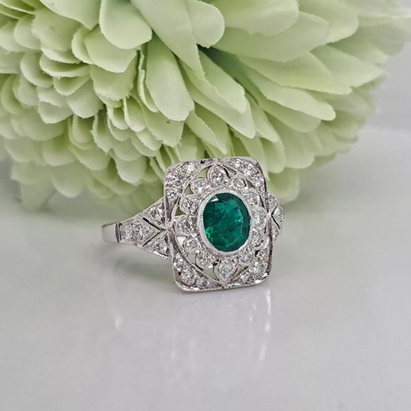 0.92ct Oval Emerald and Diamond Cluster Plaque Engagement Ring