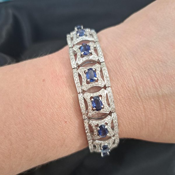 Art Deco Style 10.70ct Sapphire and 5.21ct Diamond Cluster Bracelet