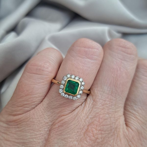 0.90ct Square Cut Emerald and Diamond Cluster Engagement Ring