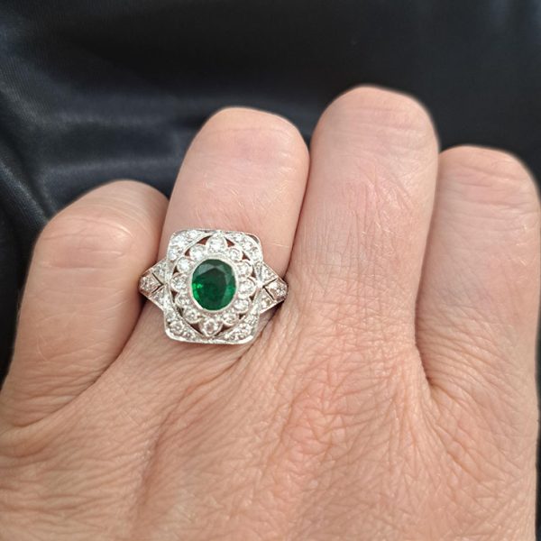 0.92ct Oval Emerald and Diamond Cluster Dress Engagement Ring