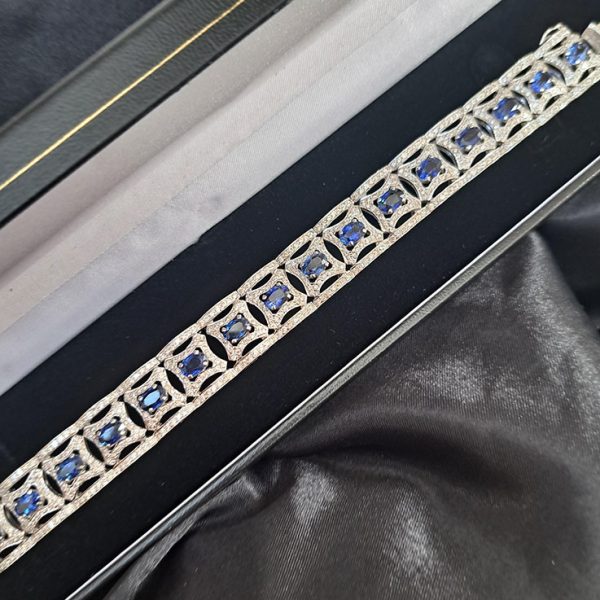 Art Deco Inspired 10.70ct Sapphire and 5.21ct Diamond Cluster Bracelet