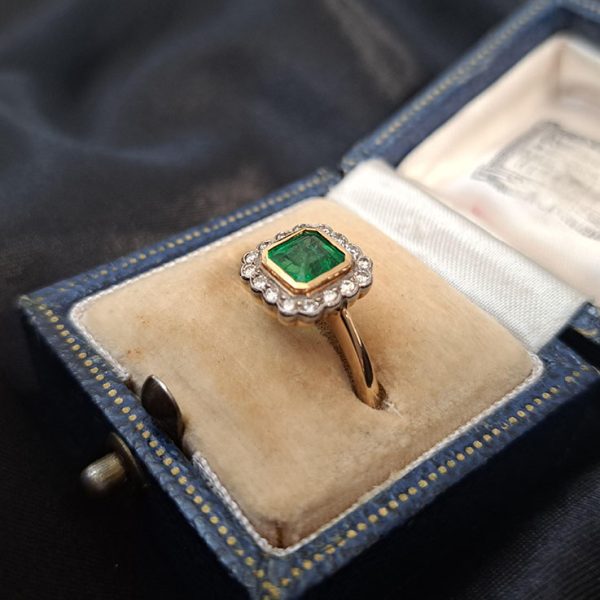 0.90ct Square Cut Emerald and Diamond Cluster Engagement Ring