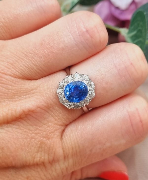 Art Deco sapphire engagement ring cluster cornflower blue