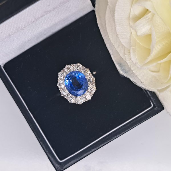 Vintage Art Deco 3 Carat Ceylon Sapphire and Old Cut Diamond Cluster Engagement Ring