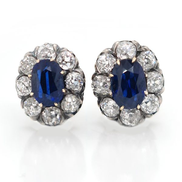 Antique Victorian 2ct No Heat Sapphire and Diamond Stud Earrings