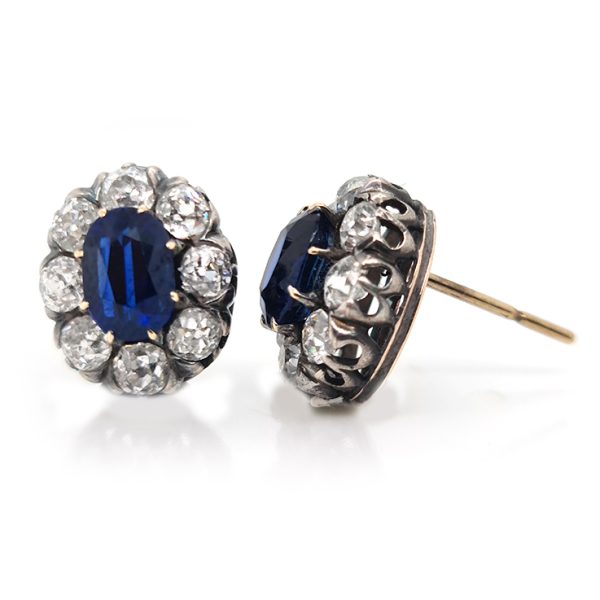 Antique Victorian 2ct No Heat Sapphire and Diamond Stud Earrings