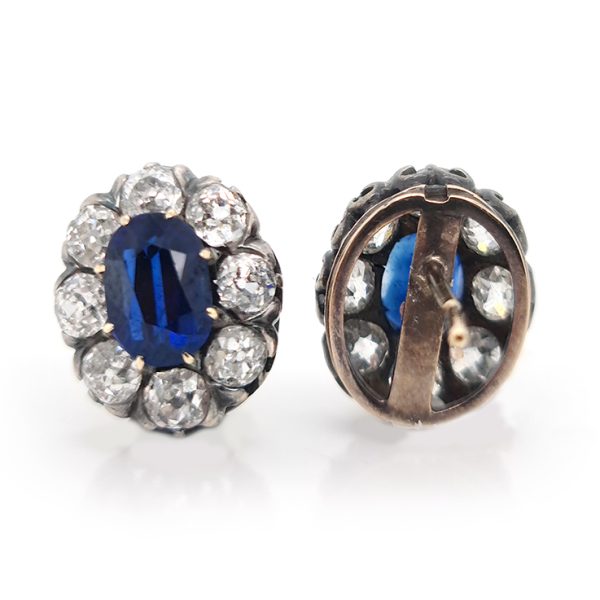 Antique Victorian 2ct No Heat Sapphire and Diamond Stud Earrings