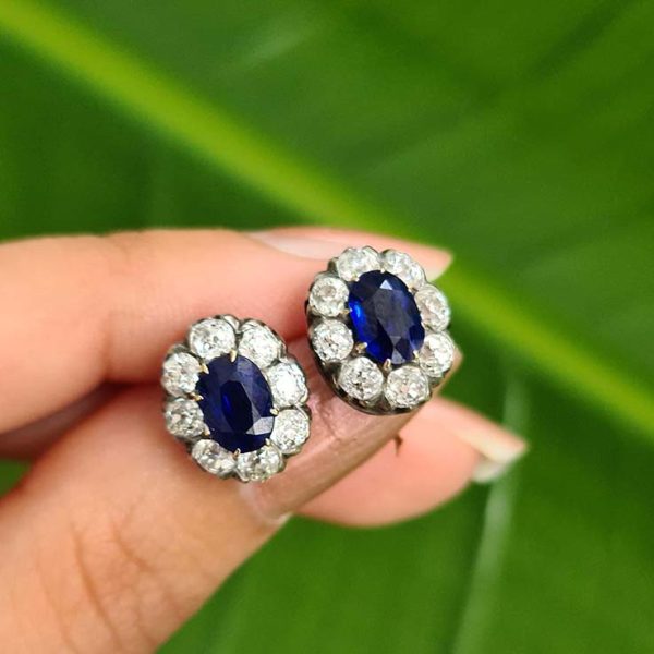 Antique Victorian 2ct No Heat Sapphire and Diamond Stud Earrings