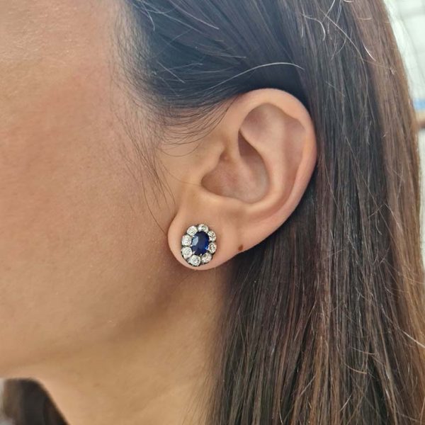 Antique Victorian 2ct No Heat Sapphire and Diamond Stud Earrings