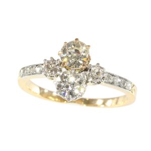 Art Deco Two Stone Old Cut Diamond Engagement Ring, 1.14 carats