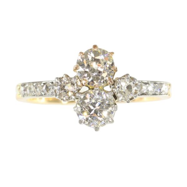 Art Deco Two Stone Old Cut Diamond Engagement Ring, 1.14 carats