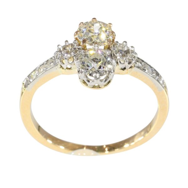 Art Deco Two Stone Old Cut Diamond Engagement Ring, 1.14 carats