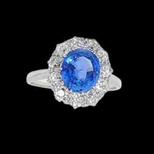 Ceylon Sapphire and Old Cut Diamond Cluster Engagement Ring