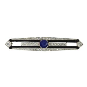 Art Deco Old Cut Diamond, Sapphire And Onyx Bar Brooch In 18 Carat White Gold