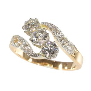 Antique Old Mine Cut Diamond Engagement Ring In 14 Carat Yellow Gold And Platinum