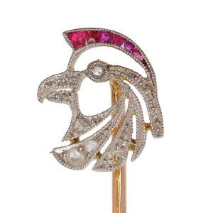 Art Deco Falcon Head Stickpin With Diamonds And Rubies In 18 Carat Yellow Gold