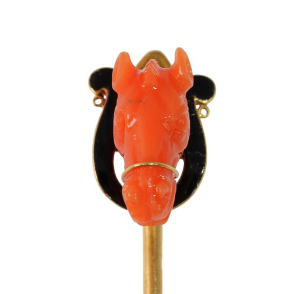 Antique horse head tie pin in gold with coral and enamel.