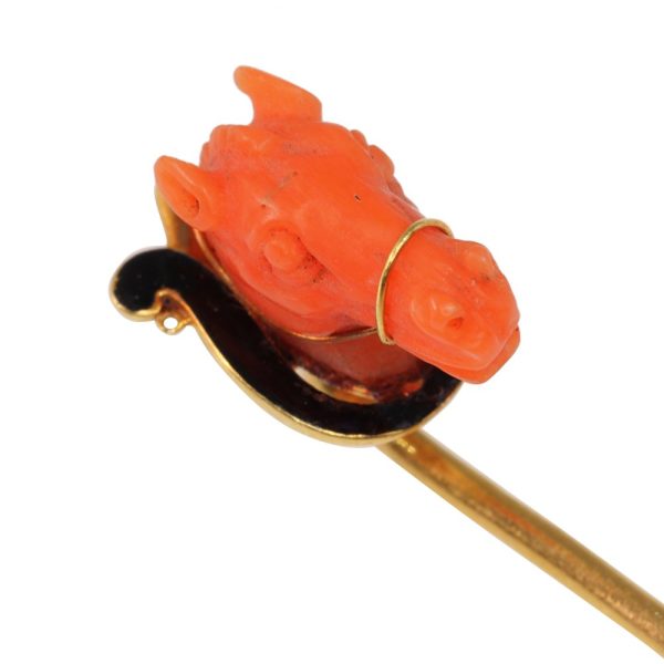 Antique horse head tie pin in gold with coral and enamel.