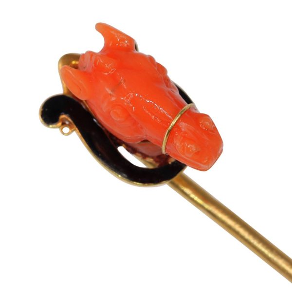 Antique horse head tie pin in gold with coral and enamel.