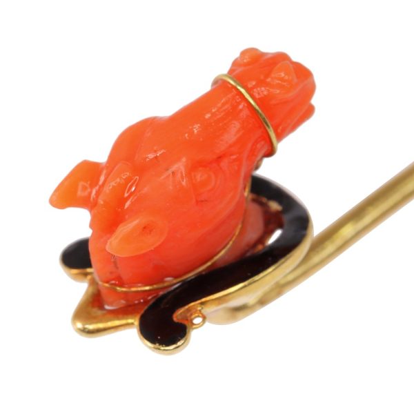 Antique horse head tie pin in gold with coral and enamel.