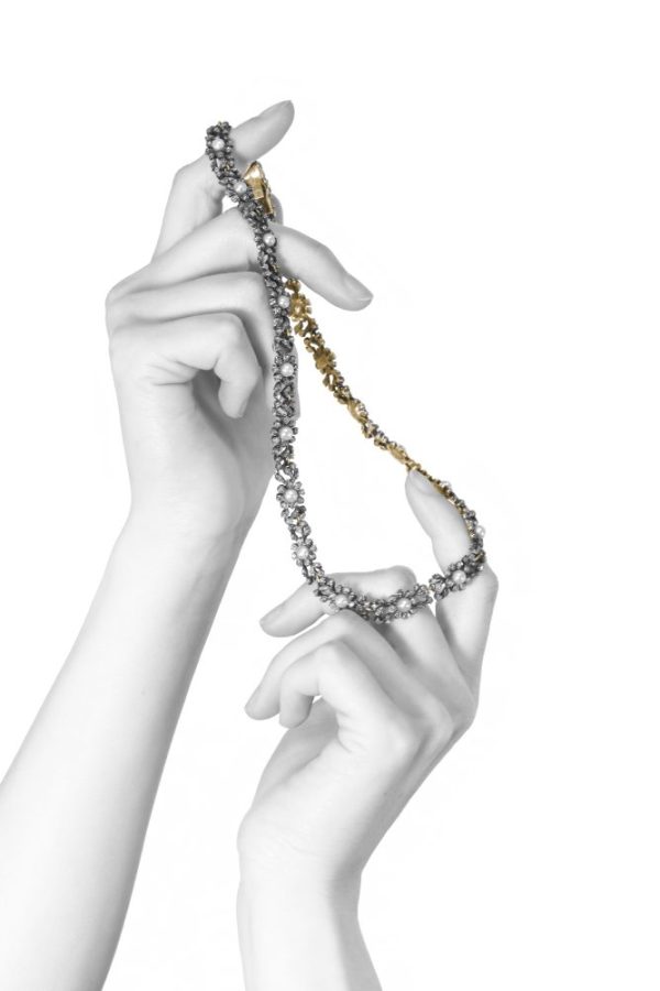 Antique diamond and pearl choker in gold and silver.