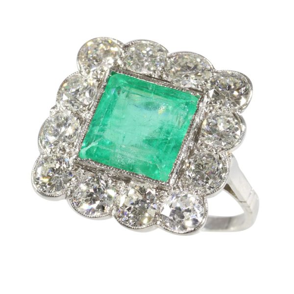 Vintage Art Deco 3.40ct Emerald and Diamond Cluster Ring