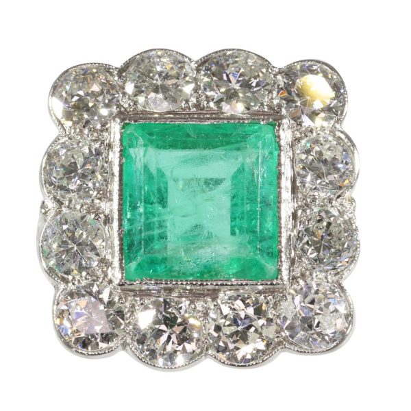 Antique emerald and diamond cluster ring square shape platinum 12 old cut