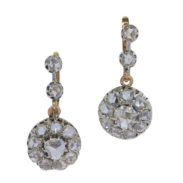 Antique Vintage diamond drop earrings rose cut diamonds victorian period wedding day earrings round cluster