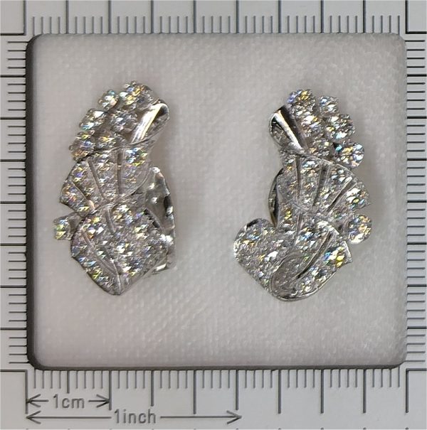 Art Deco Inspired Vintage 3.30ct Diamond Cluster Clip Earrings in Platinum Circa 1950s