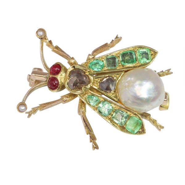 Victorian Antique Multi Gemstone Fly Brooch in 14ct yellow gold with Natural Pearl Rose Cut Diamond Ruby Emerald