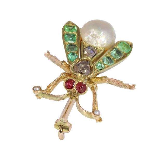 Victorian Antique Multi Gemstone Fly Brooch in 14ct yellow gold with Natural Pearl Rose Cut Diamond Ruby Emerald