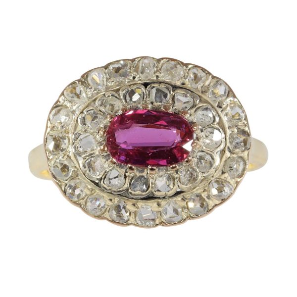 Victorian Antique 0.80ct Pink Purple Tourmaline and Rose Cut Diamond Double Cluster Engagement Ring in 18ct Yellow Gold