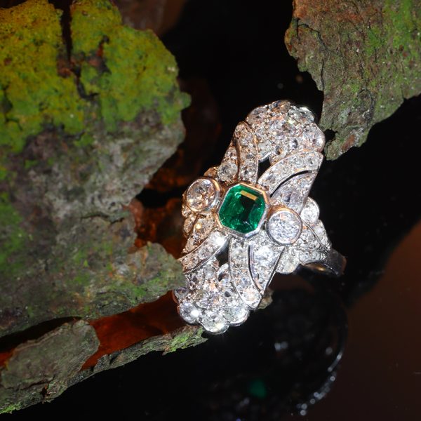 Antique Art Deco Emerald and Diamond Tablet Ring