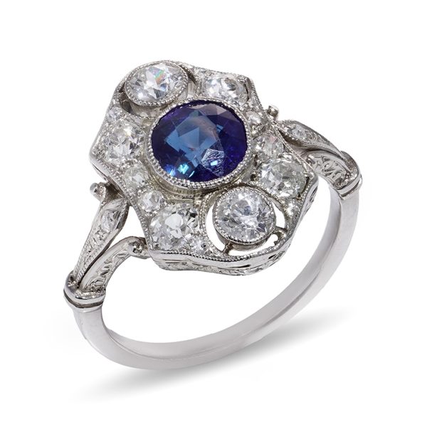 Art Deco Sapphire and Diamond Engagement Plaque Ring